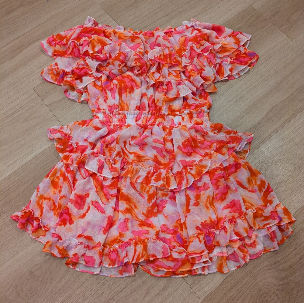 Misa Los Angeles Pink And Red Abstract Off The Shoulder Mini Frill Dress Size M